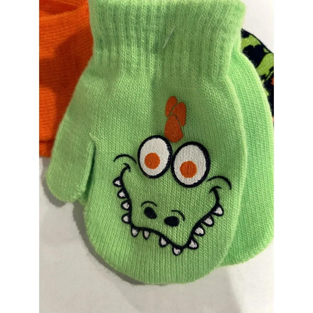 Dinosaur Mittens 3 Pair Super Cute Orange‎ Lime Green Black Toddler New! BxMM